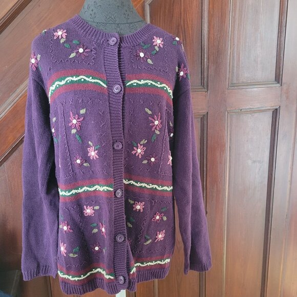 Bobbie Brooks Medium Purple Knit Cardigan With Floral Embroidery & Button Front - Picture 1 of 7